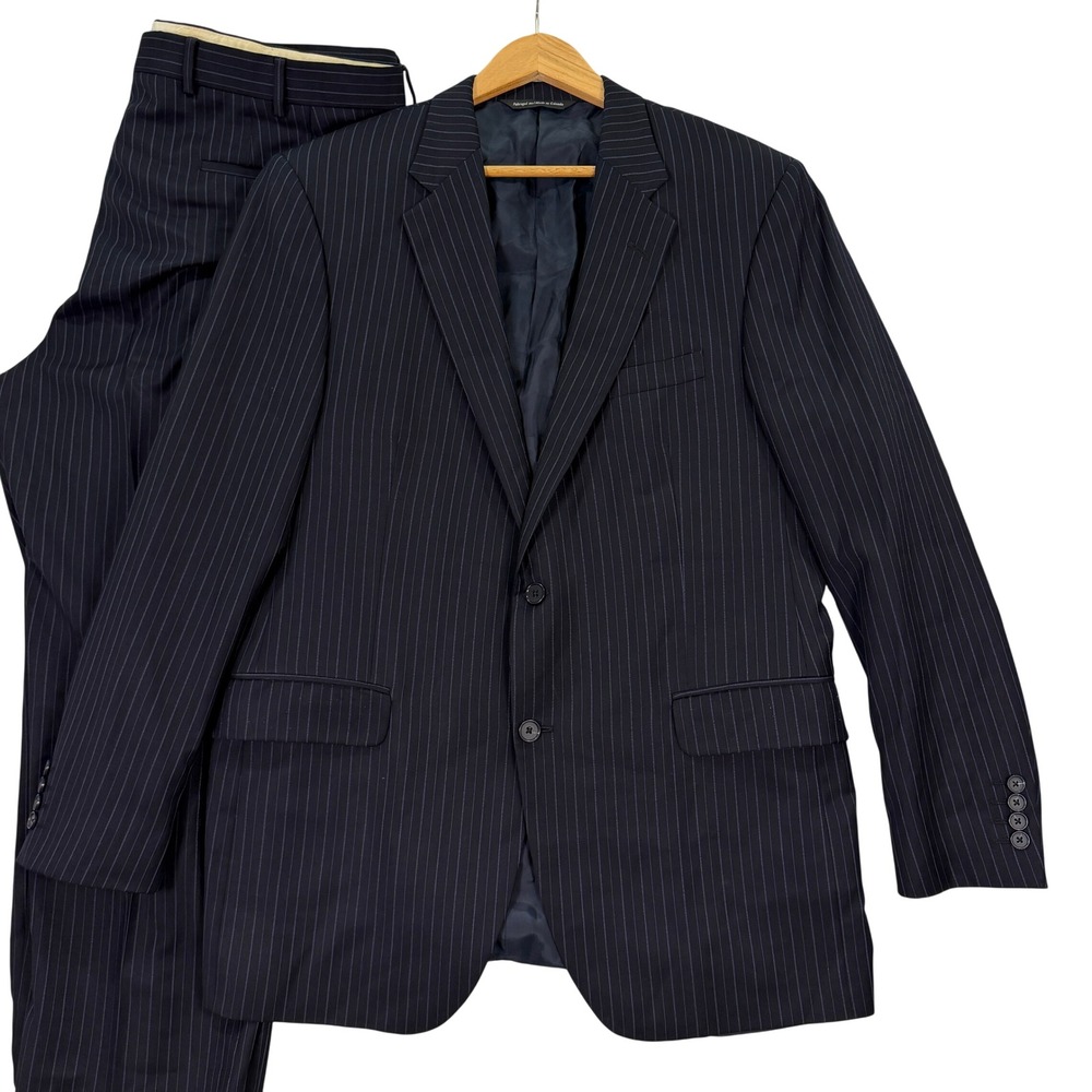 Coppley Mens 42L Suit Navy Blue Pinstripe Wool 2 Button Pleated Pants 38x30 EUC